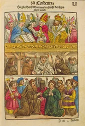 Martín V es elegido Papa y bendice a la gente en el Concilio de Constanza, 1417, de 